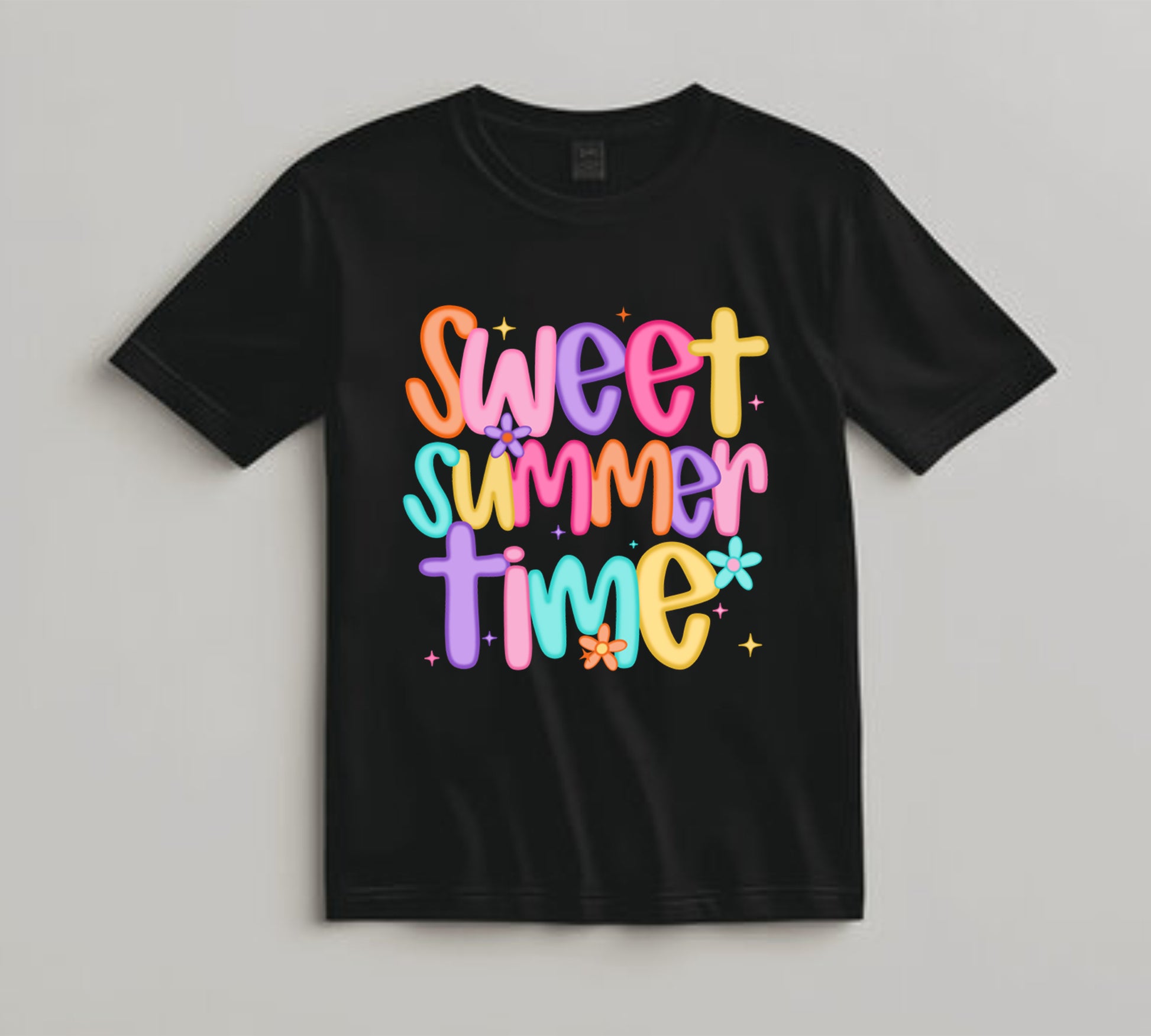 Bright “Sweet Summertime” DTF transfer with retro lettering, flowers, and sparkles.