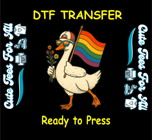 DTF transfer with duck in rainbow sunglasses holding Pride flag and bouquet of flowers.