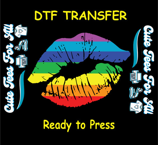 DTF transfer with bold lipstick print in rainbow Pride colors.