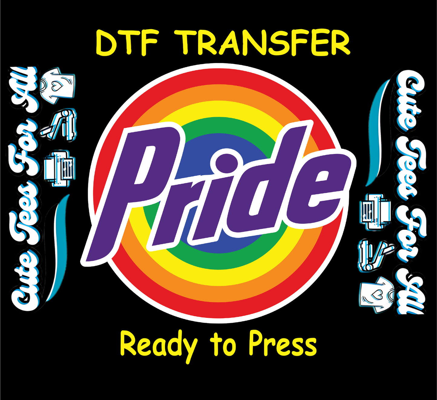 DTF transfer with large purple “Pride” text inside rainbow-colored concentric circle.