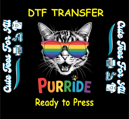 DTF transfer with cat in rainbow sunglasses and “Purride” text in rainbow colors.
