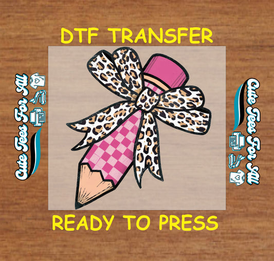 DTF transfer featuring pink gingham pencil wrapped in leopard print bow.
