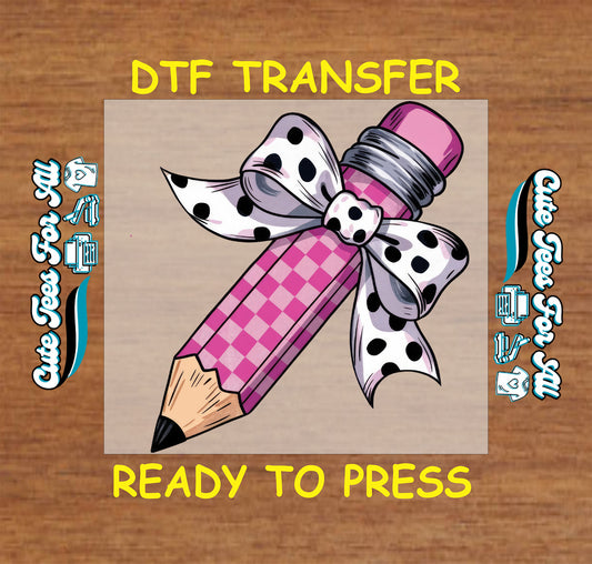DTF transfer of pink gingham pencil with large black-and-white polka dot bow and pink eraser.