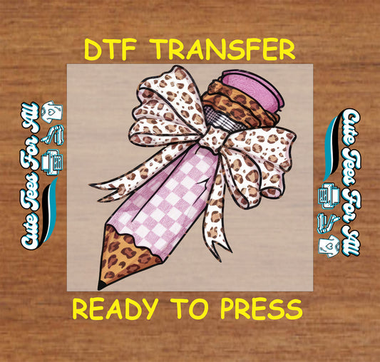DTF transfer of pink gingham pencil with leopard bow, cheetah-print tip, and pink eraser.