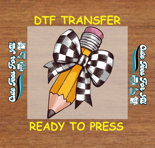 DTF transfer of yellow pencil with large black-and-white checkerboard bow and pink eraser.