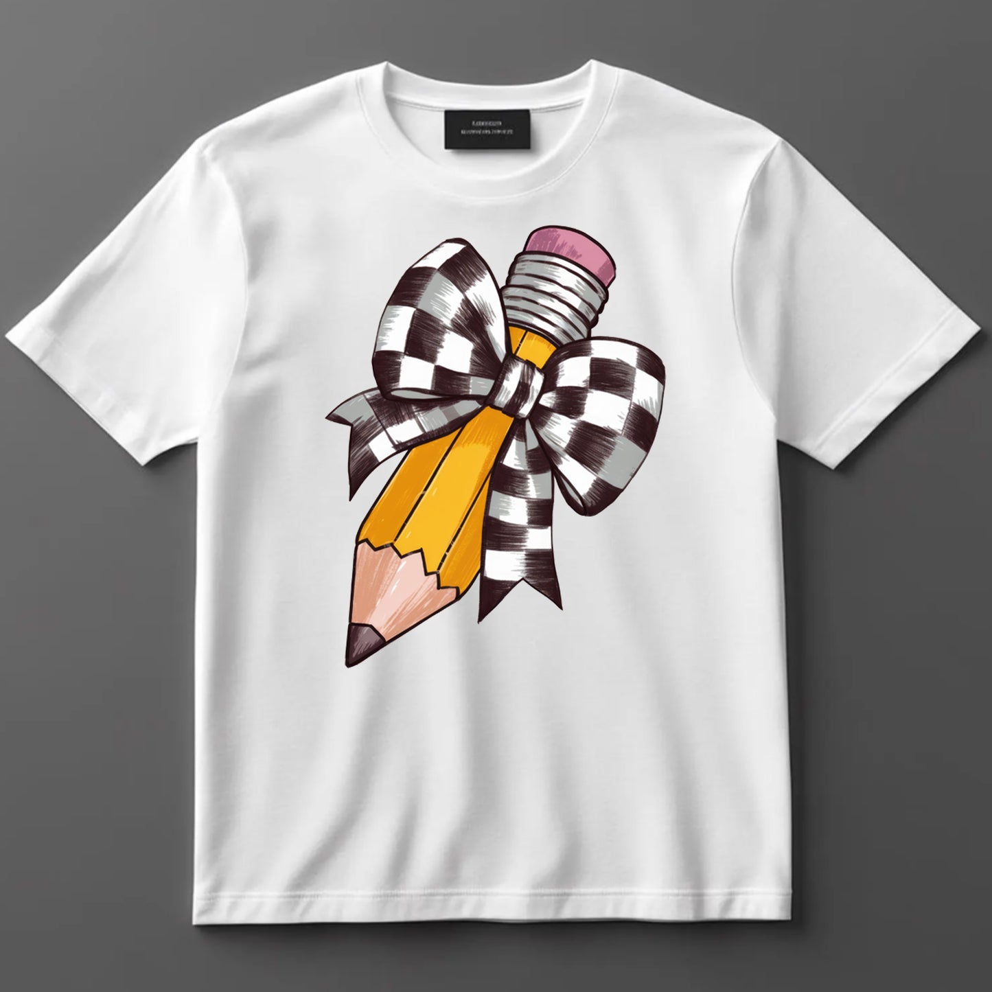 Back to School DTF Transfer Iron On Heat Transfer - Ready to Press, Checkerboard Bow Pencil DTF Transfer 10393