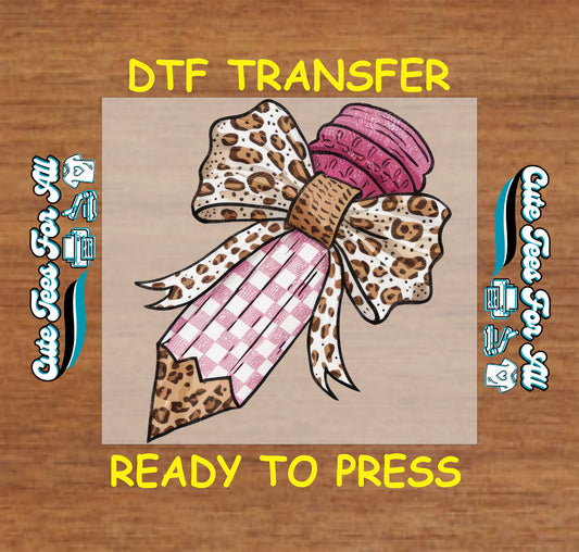 Pink gingham pencil with leopard print bow and pink eraser DTF transfer.