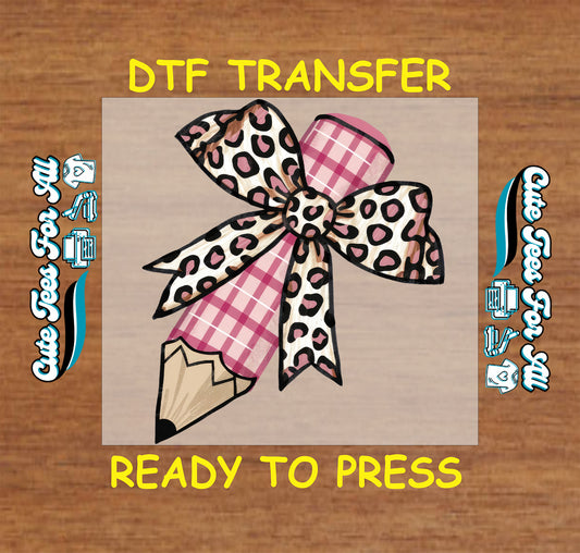 Pink plaid pencil with leopard print bow DTF transfer for teachers.