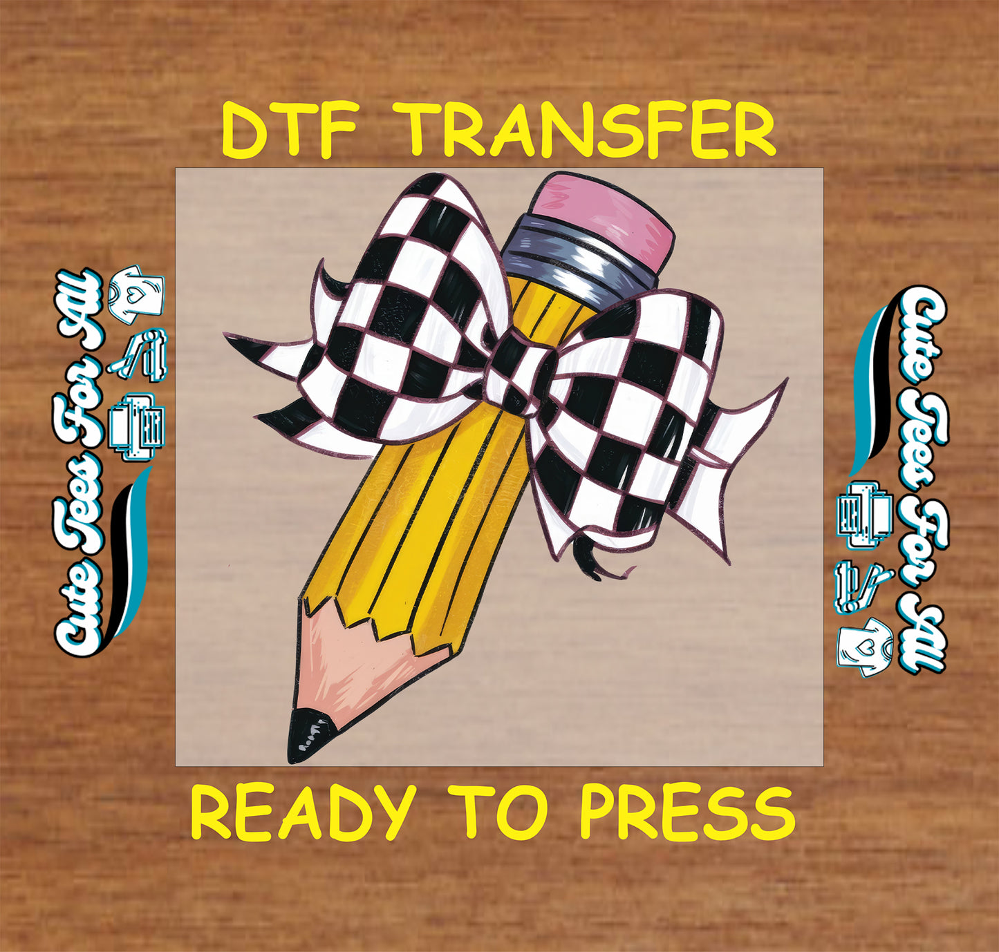 Yellow pencil with black and white checkered bow DTF transfer for teacher shirts.