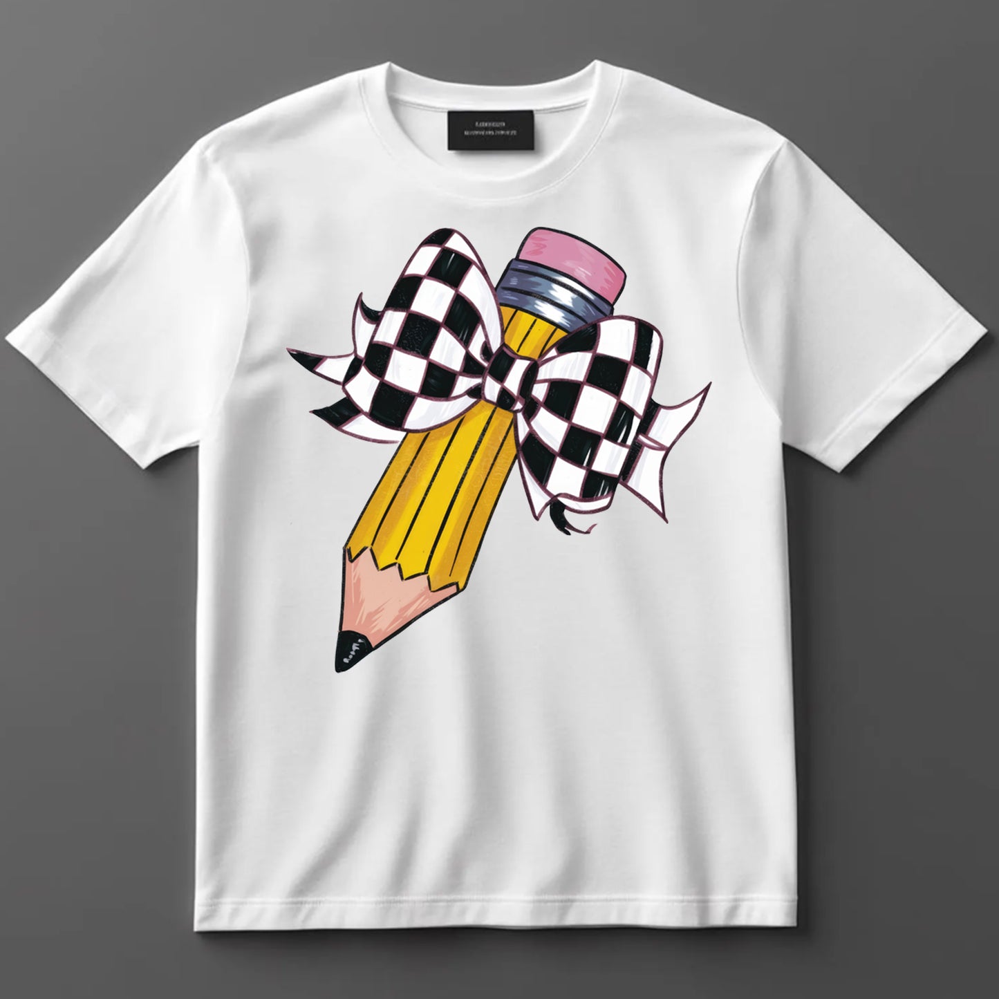 Back to School DTF Transfer Iron On Heat Transfer - Ready to Press, Checkerboard Bow Pencil DTF Transfer 10398