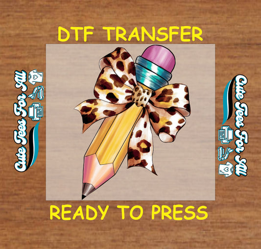 Yellow pencil DTF transfer with leopard print bow and pink eraser.