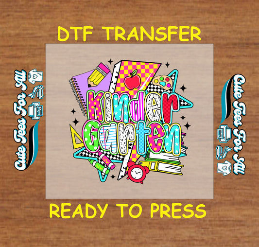 Kindergarten DTF transfer with retro school supplies, rainbow text, and bold icons.