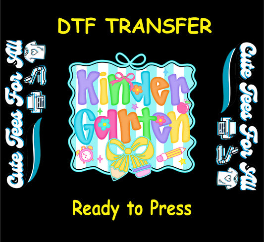 Kindergarten DTF transfer with pastel letters, school icons, and blue striped background.