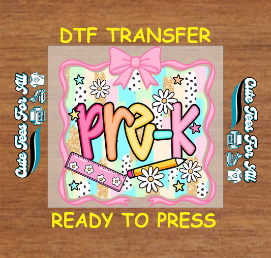 Pre-K DTF transfer with daisy flowers, ruler, pencil, and glitter style background.