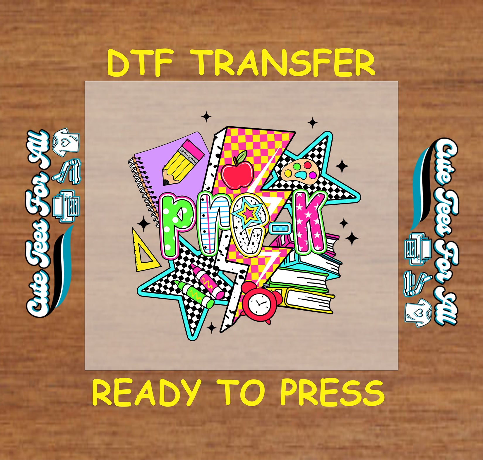 Pre-K DTF transfer with 90s retro stars, notebooks, clock, and school icons.