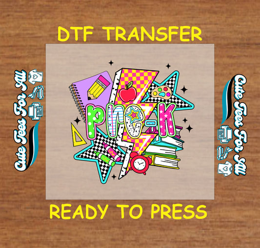 Pre-K DTF transfer with 90s retro stars, notebooks, clock, and school icons.