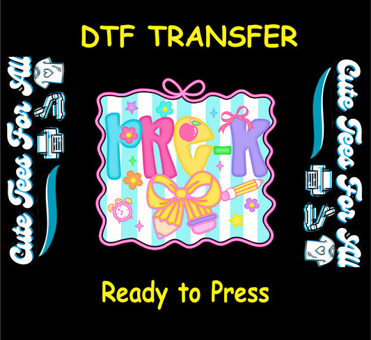 Pre-K DTF transfer with pastel colors, bow, pencil, apple, and alarm clock.
