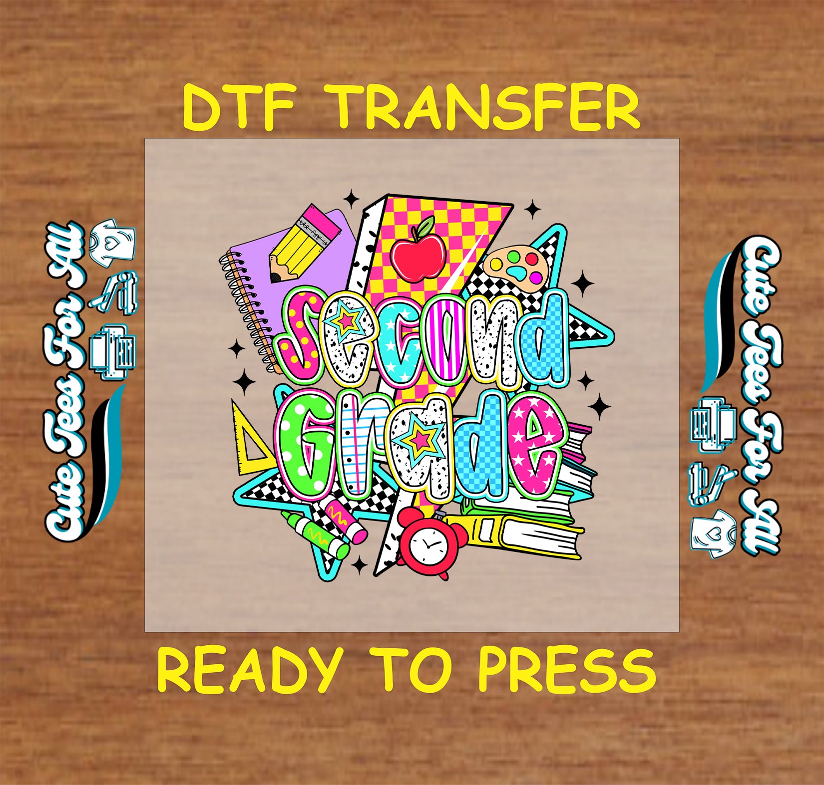 Second Grade DTF transfer with colorful notebooks, stars, ruler, apple, and retro patterns.