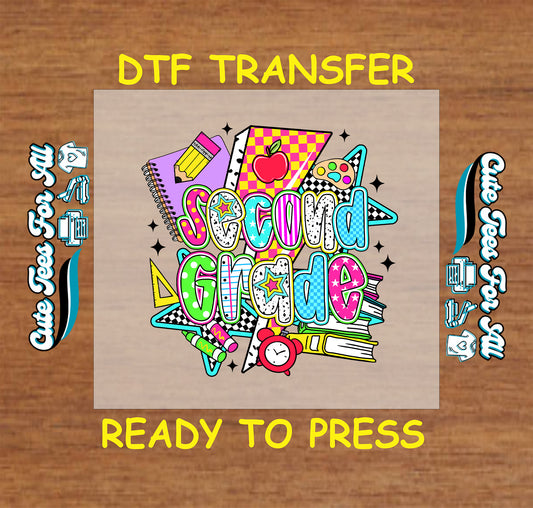 Second Grade DTF transfer with colorful notebooks, stars, ruler, apple, and retro patterns.
