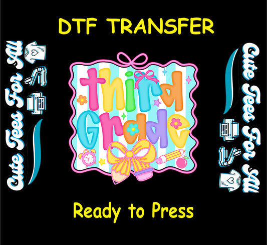 Colorful third grade DTF transfer with bow, pencil, and school icons on black background.