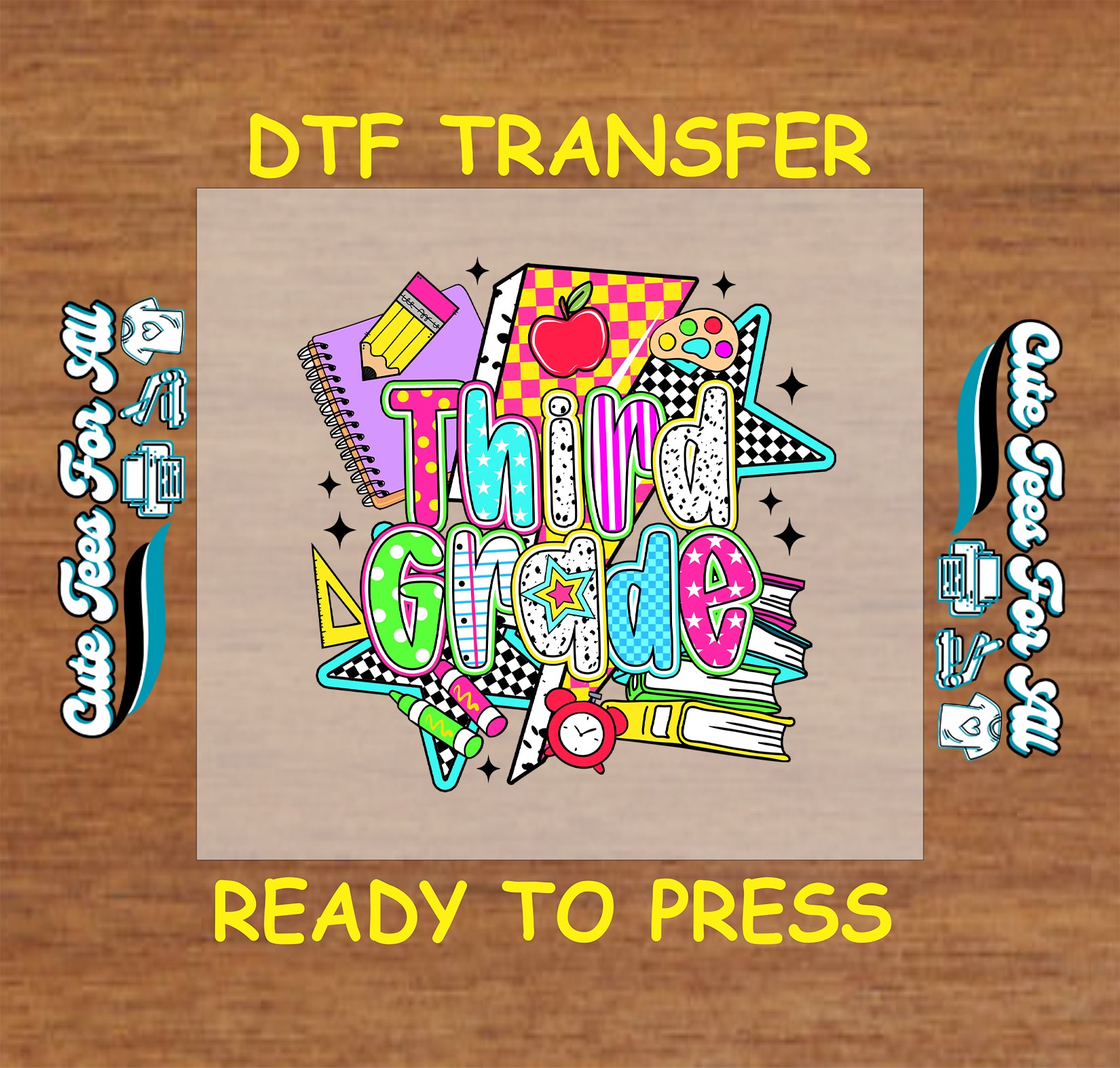 Third grade DTF transfer with colorful retro school supplies and bold letters.