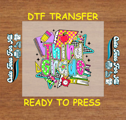 Third grade DTF transfer with colorful retro school supplies and bold letters.