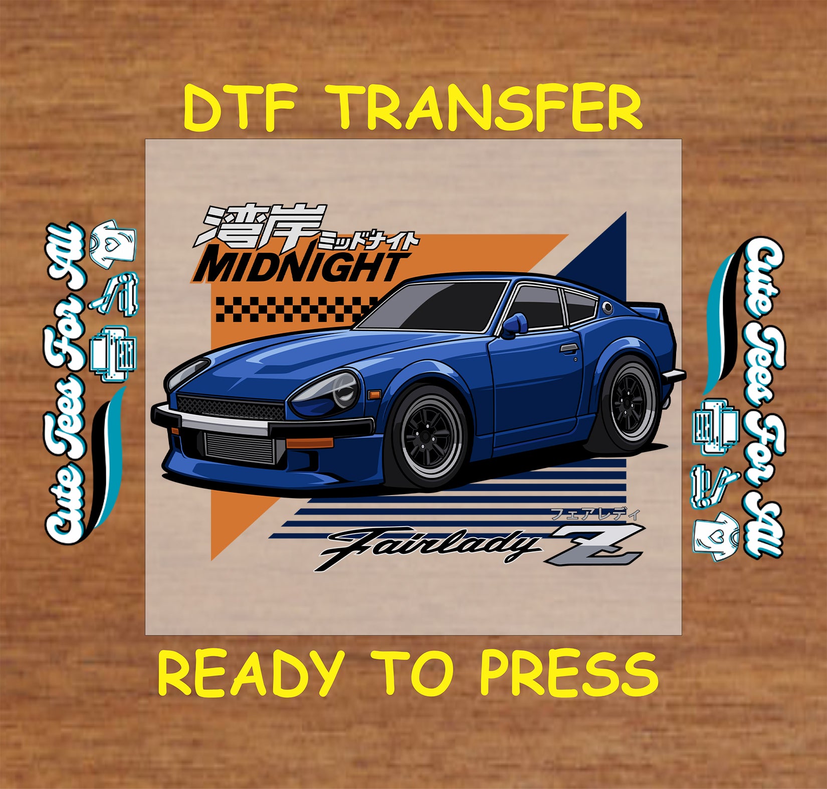 Blue Japanese-style street racer DTF transfer with Japanese and racing graphics.
