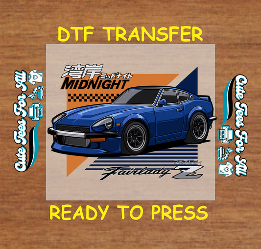 Blue Japanese-style street racer DTF transfer with Japanese and racing graphics.