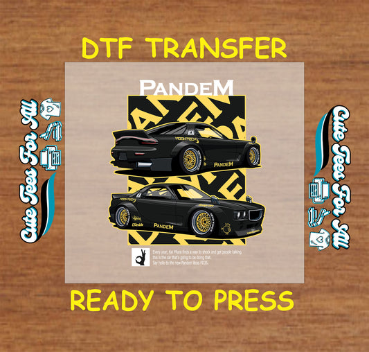DTF transfer with two black tuner cars, gold wheels, and bold yellow racing background.