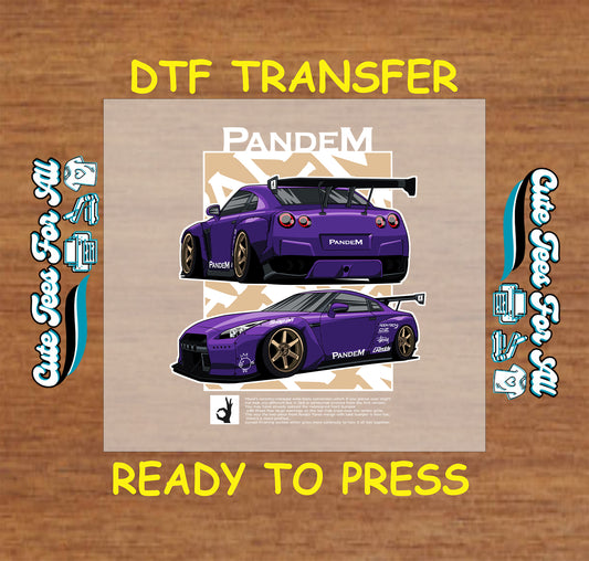 DTF transfer of purple widebody car with gold wheels and rear spoiler.