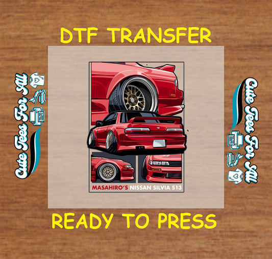 Red tuner-style car DTF transfer with widebody look, gold wheels, and rear spoiler.