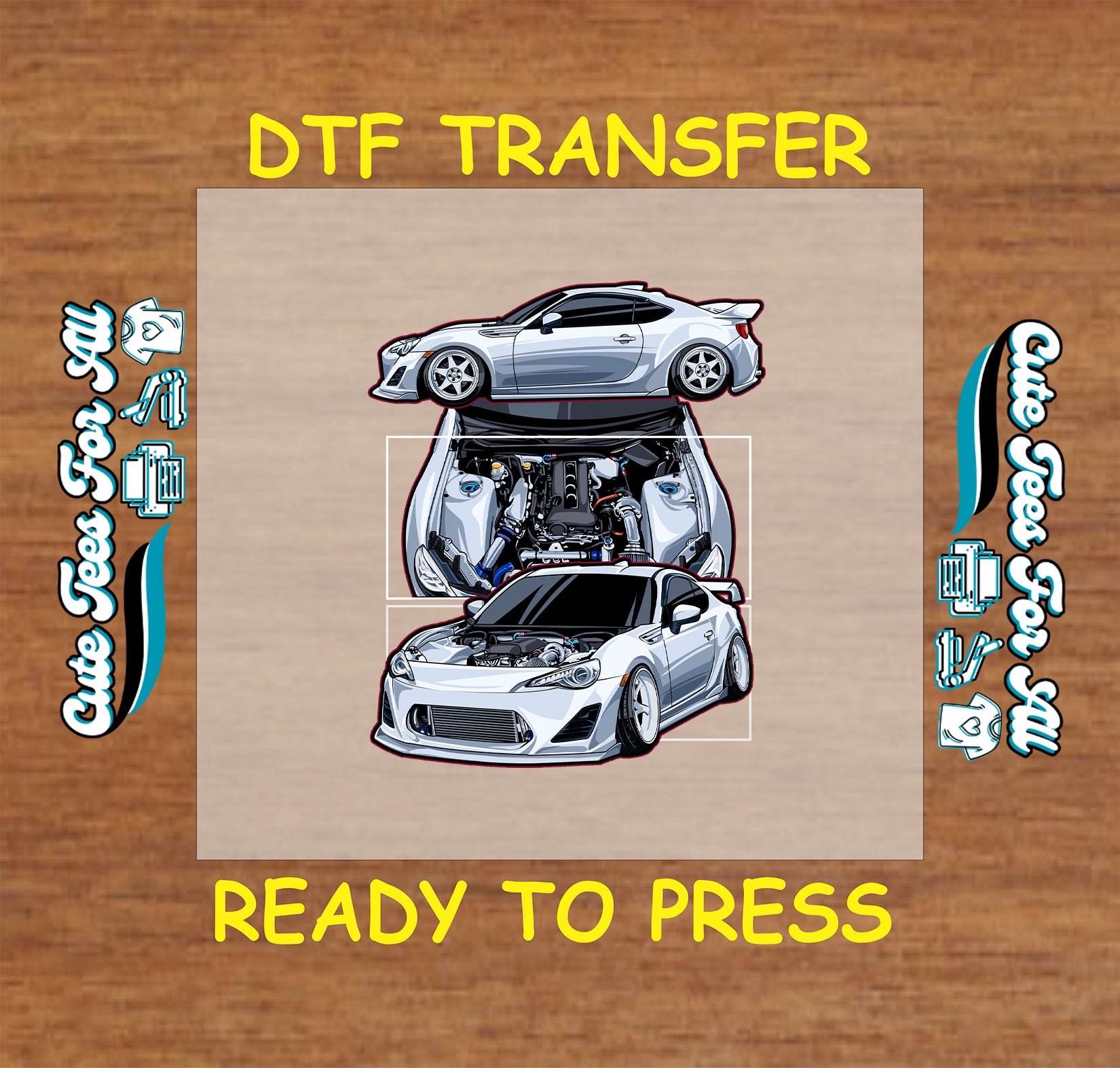 DTF transfer of silver tuner car with engine bay and performance modifications.