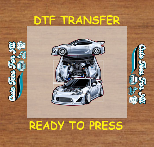 DTF transfer of silver tuner car with engine bay and performance modifications.