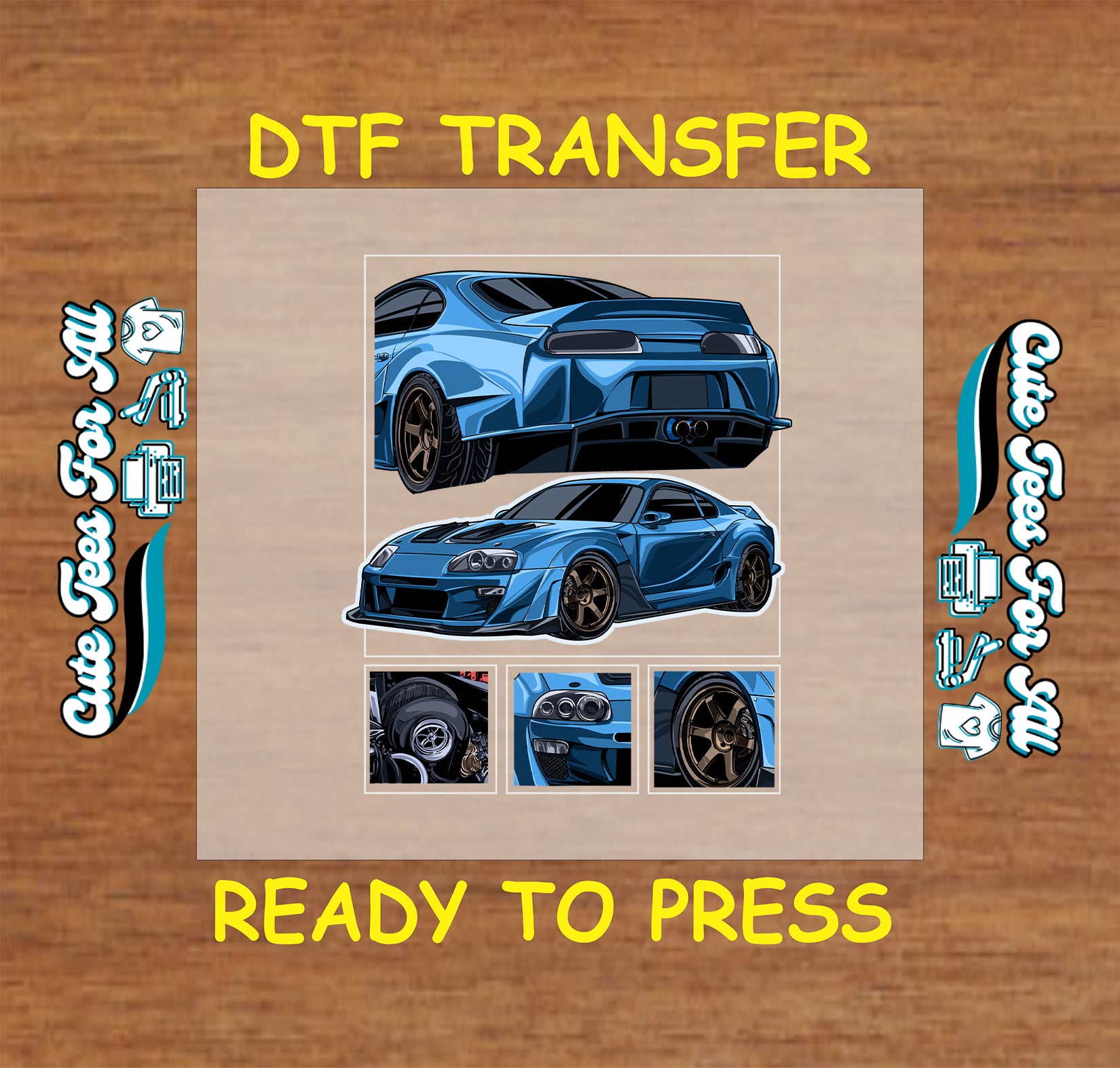 Blue widebody tuner car DTF transfer with aero kit and detailed wheel graphics.
