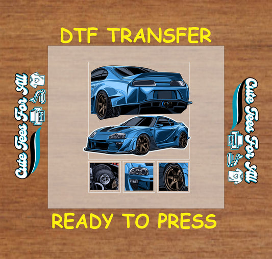 Blue widebody tuner car DTF transfer with aero kit and detailed wheel graphics.