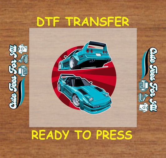 Teal retro tuner car DTF transfer with front and rear views on red rising sun background.