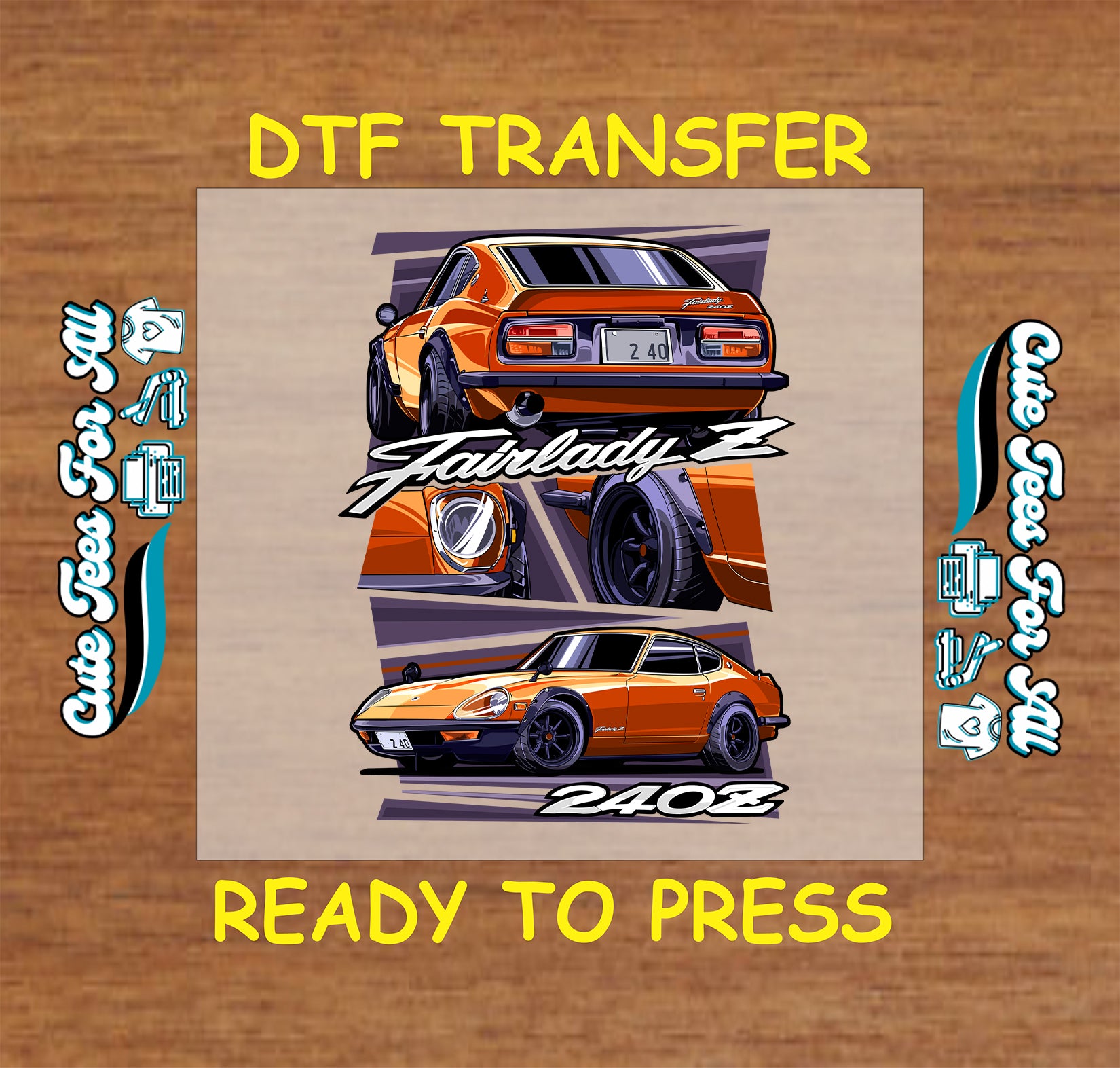 Orange vintage tuner car DTF transfer with rear and front angles, lowered stance, and retro wheels.