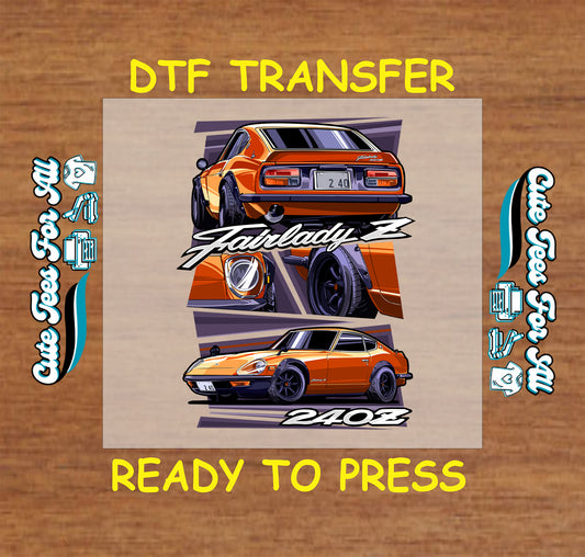 Orange vintage tuner car DTF transfer with rear and front angles, lowered stance, and retro wheels.