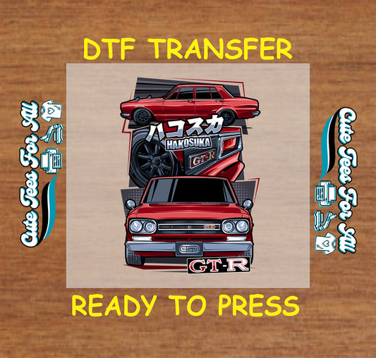 Red vintage tuner car DTF transfer with front and side views, Japanese text, and retro styling.
