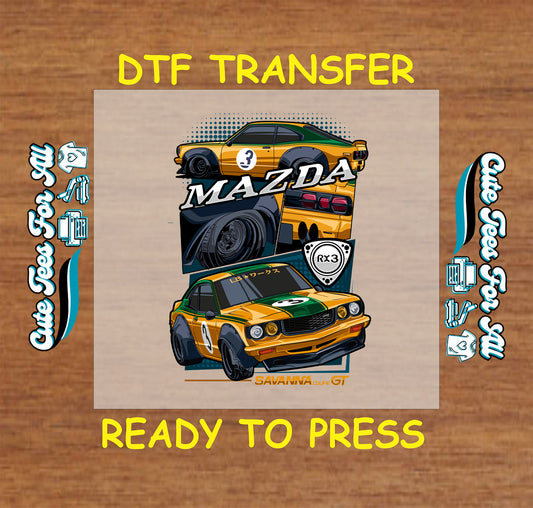 Yellow and green vintage coupe DTF transfer with racing numbers and retro styling.