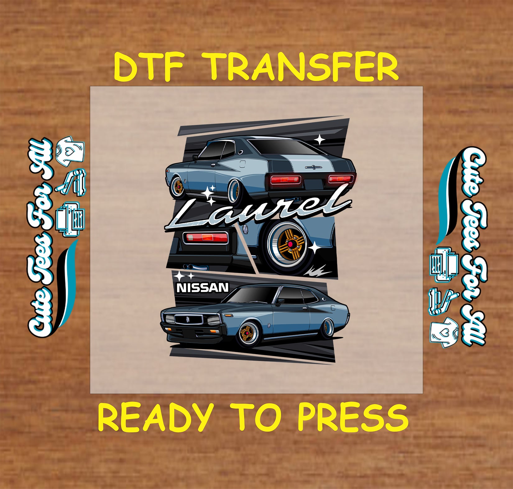 Gray vintage sedan DTF transfer with rear and front angles, lowered stance, and custom wheels.