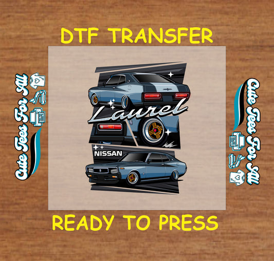Gray vintage sedan DTF transfer with rear and front angles, lowered stance, and custom wheels.