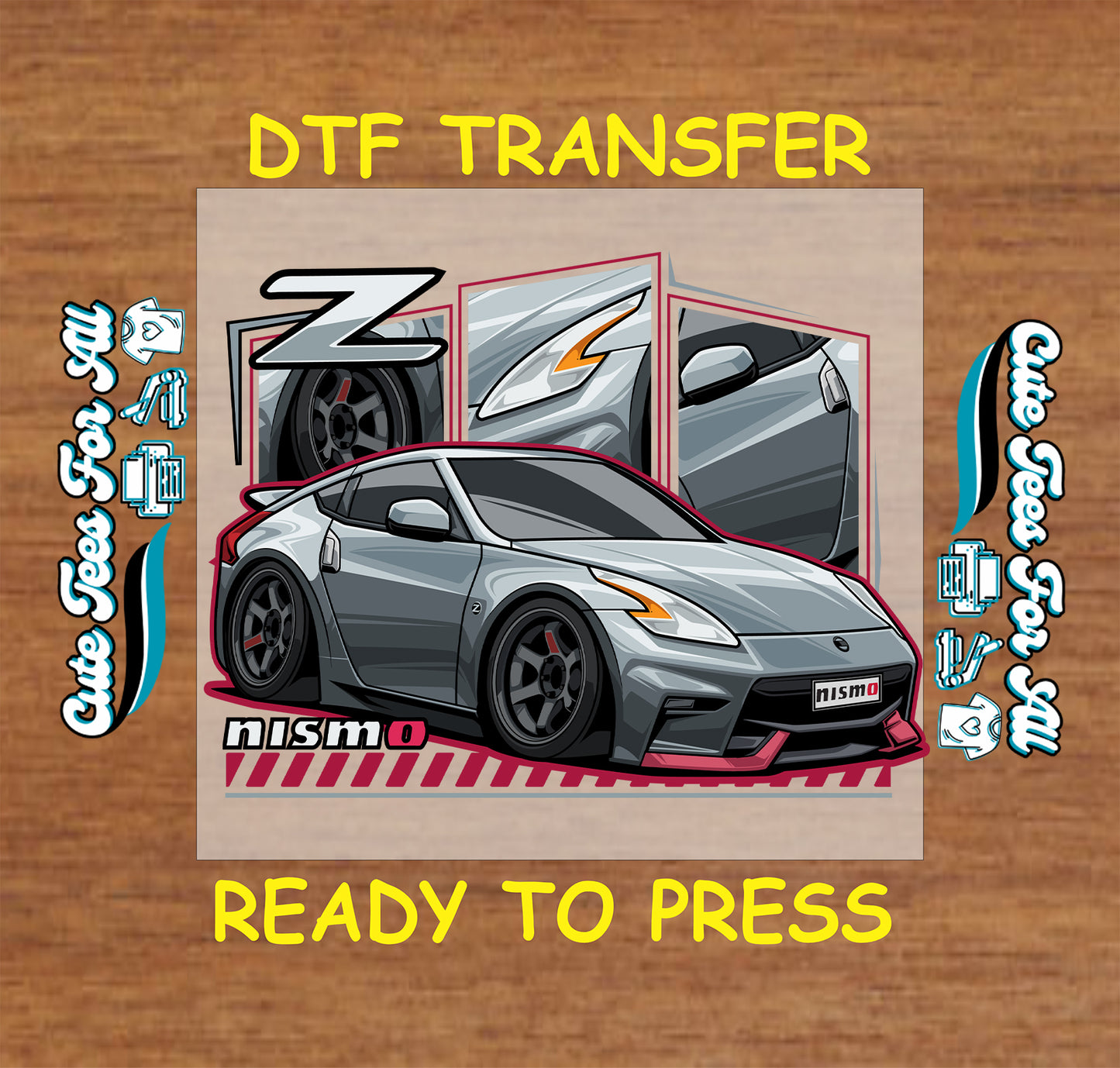 Silver performance coupe DTF transfer with red trim, custom wheels, and detail close-ups.