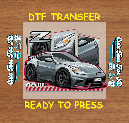 Silver performance coupe DTF transfer with red trim, custom wheels, and detail close-ups.