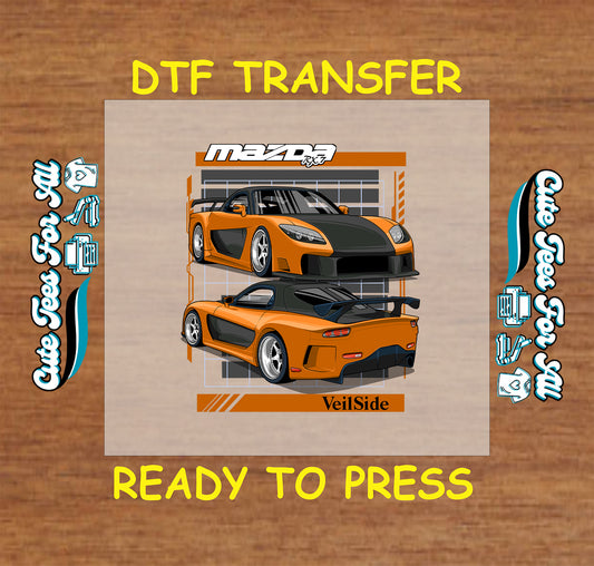 Orange and black tuner coupe DTF transfer with front and rear views, widebody kit, and rear wing.