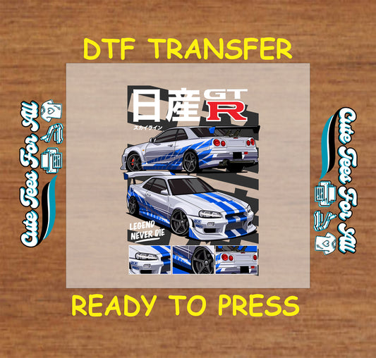 DTF transfer of silver street car with blue stripes, front and rear views, aero kit, and close-up panels.