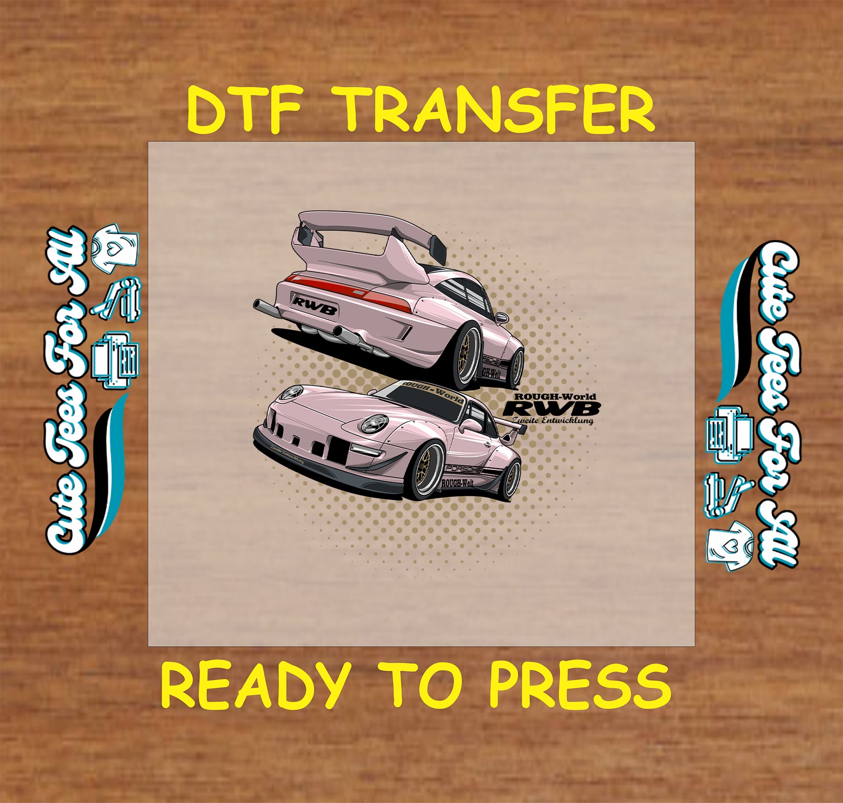 Pink widebody tuner car DTF transfer with front and rear views and dotted halftone backdrop.