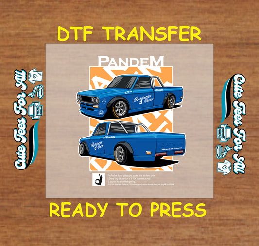 DTF transfer of retro blue mini truck with lowered stance, custom decals, and front/rear views.