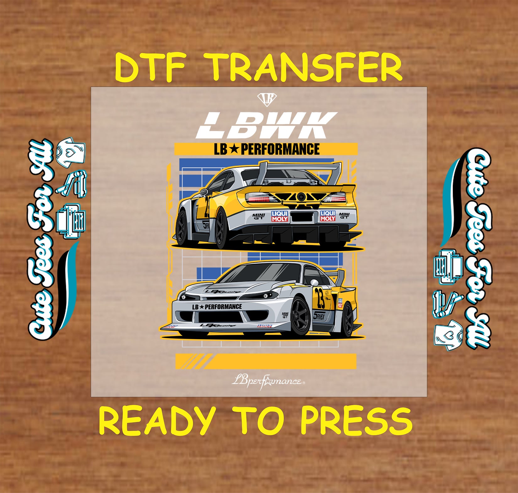 DTF transfer with yellow and white widebody coupe, racing numbers, and rear wing.
