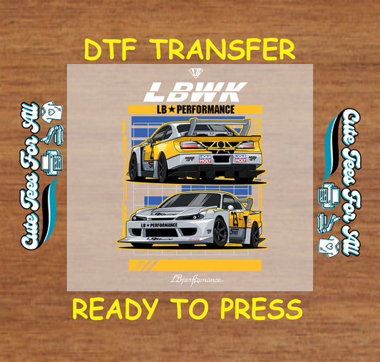 DTF transfer with yellow and white widebody coupe, racing numbers, and rear wing.